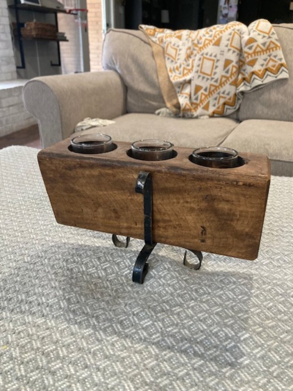 Rustic Wooden Triple Votive Candle Holder with Iron Stand - Brown